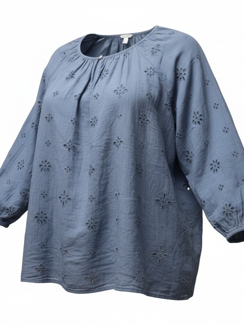 AERIE | Blue Boho Embroidered Cotton Pullover Peasant Blouse Tunic Top | L